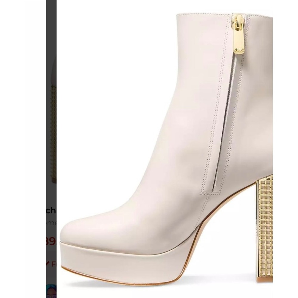 Michael Kors Maxine Platform Bootie Light Cream Leather Gold Cage 9.5 - Picture 3 of 11